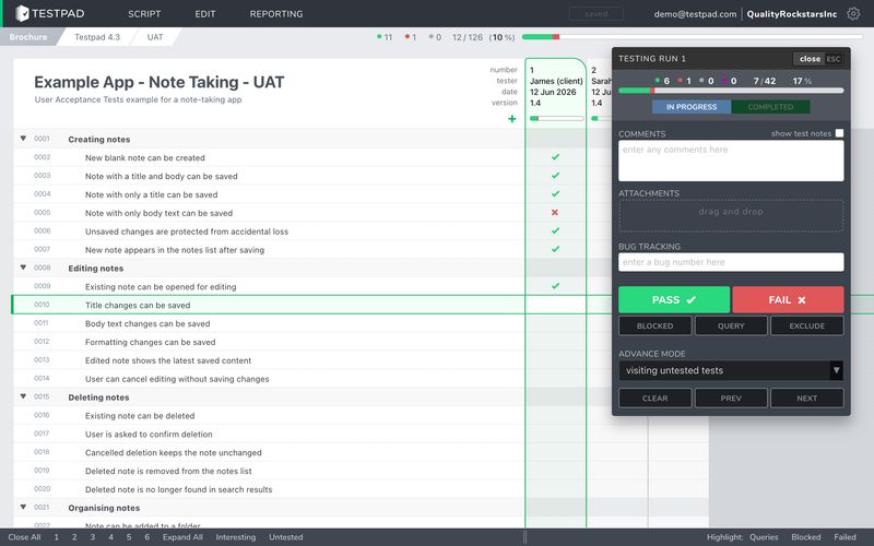 Guest testing in Testpad A guest tester working through a checklist in Testpad via a guest link, marking pass or fail